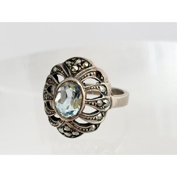 Aquamarine Semi-Precious Marcasite 925 Sterling Silver Vintage Ring - sz 6 - Picture 11 of 11